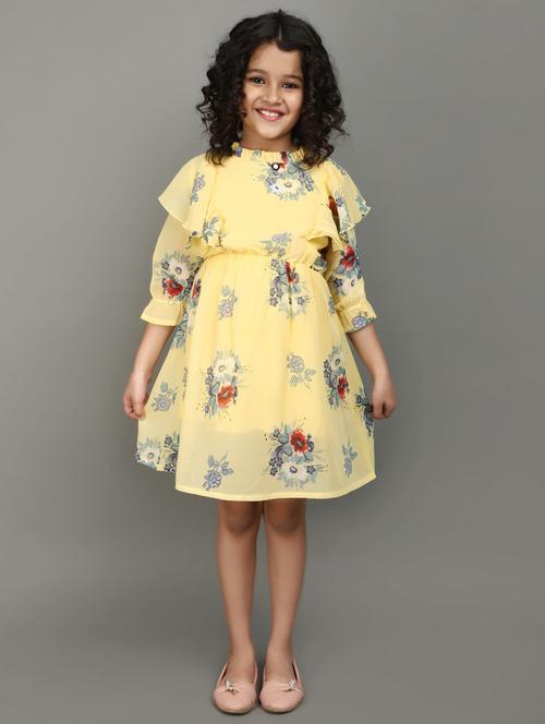 girls yellow floral printed frock - 20852236 - Very Small Image - 1