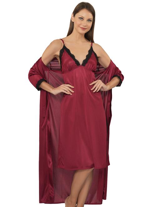 solid maroon detailed nightdress with shrug - 20852864 - Very Small Image - 1