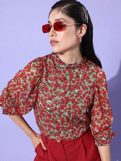 green floral printed detailed regular top - 20853183 - Very Small Image - 1