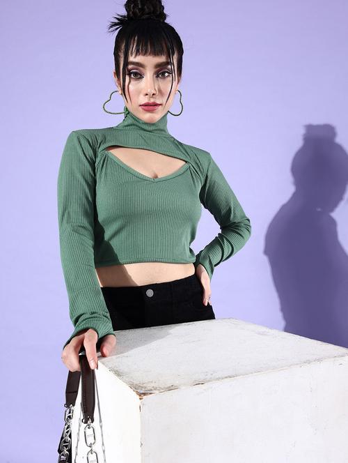 solid green detailed cotton blend crop top - 20853208 - Very Small Image - 1