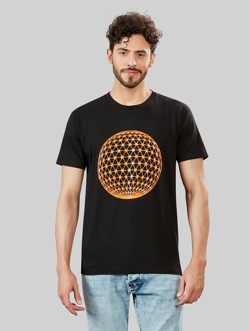 black front print detailed round neck t-shirt - 20853754 - Very Small Image - 1