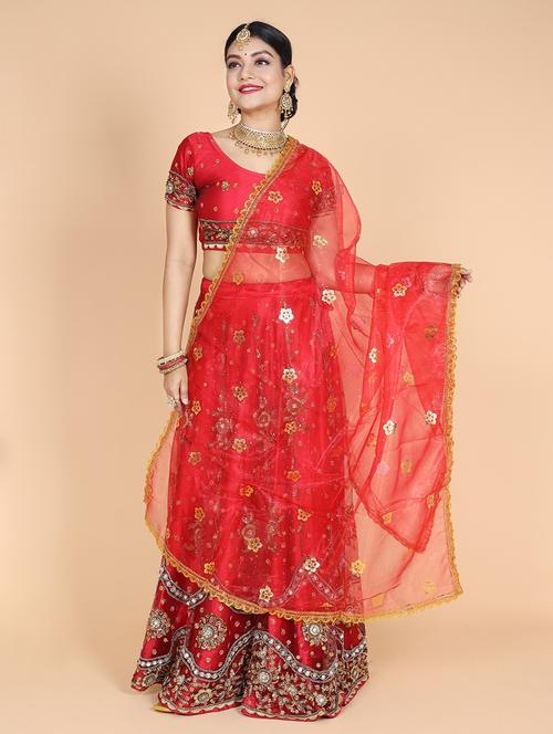women red foil print lace work dupatta - 20857640 - Very Small Image - 1