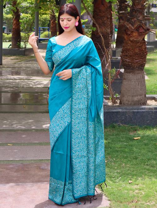 women light blue printed bordered saree with blouse - 20858835 - Very Small Image - 1