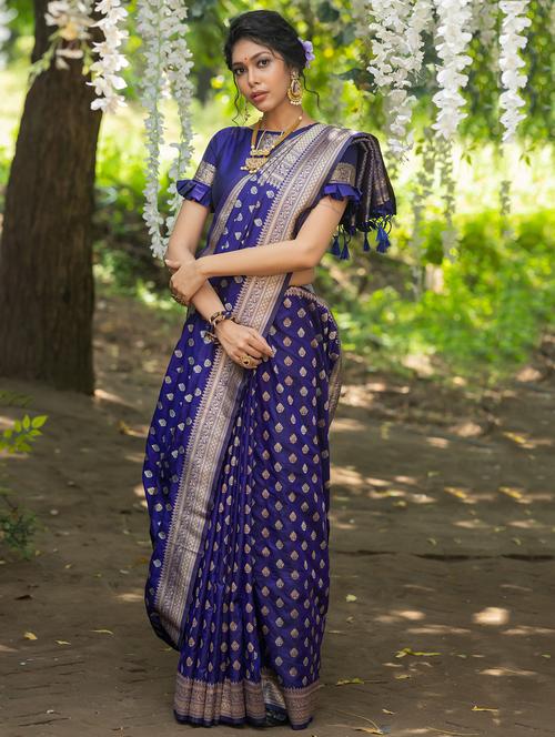 women blue self design banarasi saree with blouse - 20858836 - Very Small Image - 1
