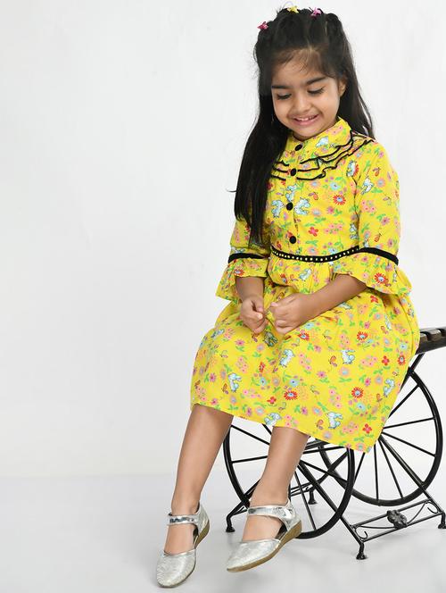 yellow floral printed ruffle detailed frock - 20859888 - Very Small Image - 1