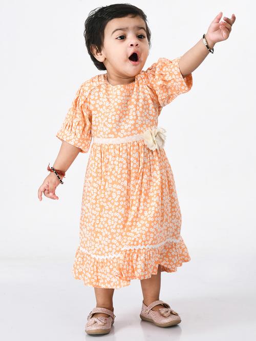 orange floral printed detailed frock - 20860071 - Very Small Image - 1