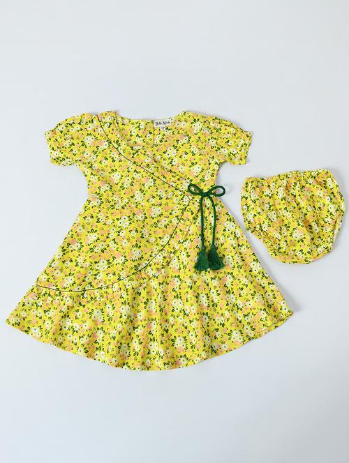 girls yellow floral printed frock - 20860464 - Very Small Image - 1