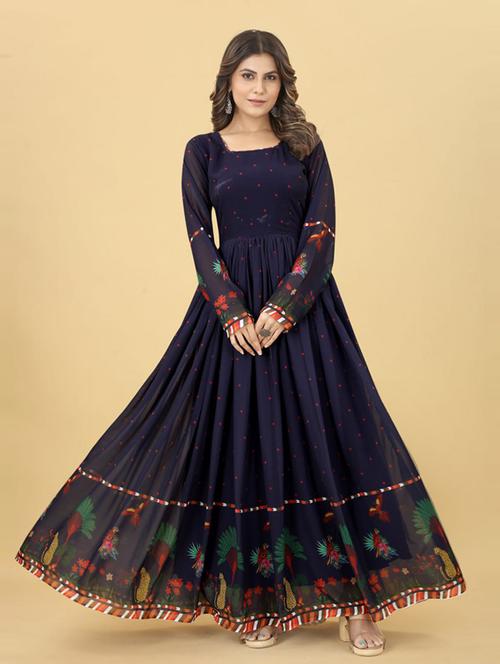 women navy blue square neck georgette gown - 20861061 - Very Small Image - 1