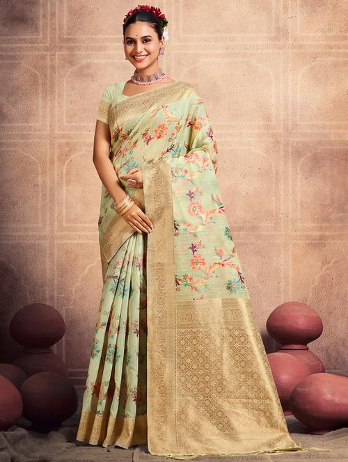 women green floral printed bordered saree with blouse - 20864244 - Very Small Image - 1