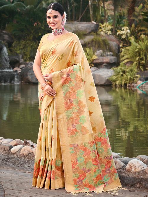 women yellow floral printed bordered saree with blouse - 20864252 - Very Small Image - 1