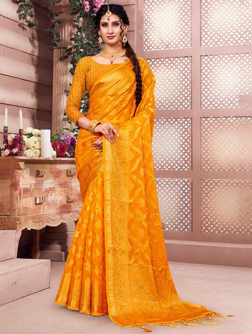 yellow silk banarasi saree with blouse - 20864725 - Very Small Image - 1