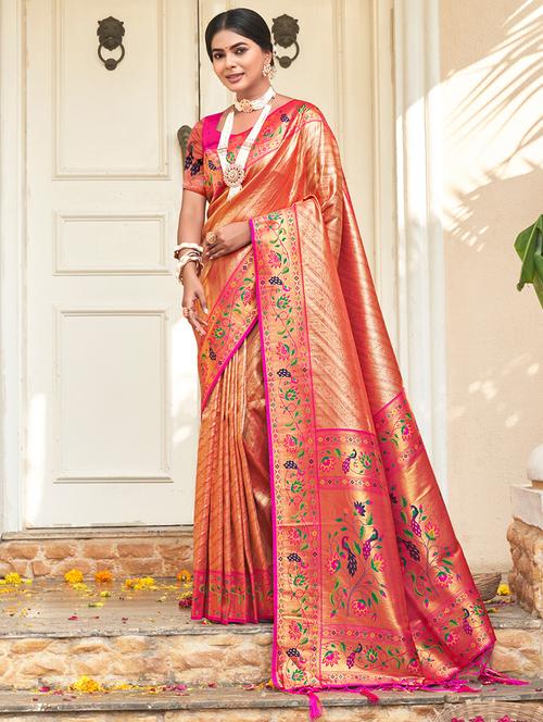 orange silk paithani saree with blouse - 20864736 - Very Small Image - 1