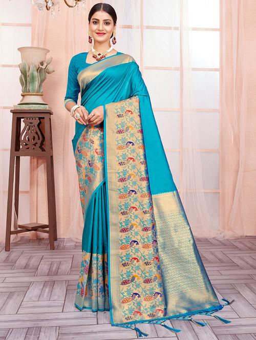 light blue silk paithani saree with blouse - 20864766 - Very Small Image - 1