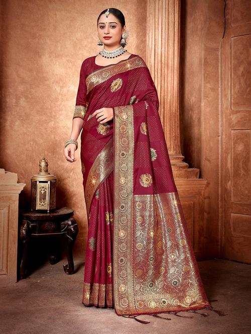 women maroon self design banarasi saree - 20864772 - Very Small Image - 1