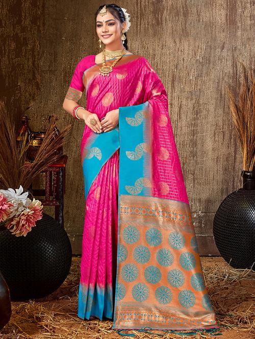 women pink self design banarasi saree with blouse - 20864787 - Very Small Image - 1