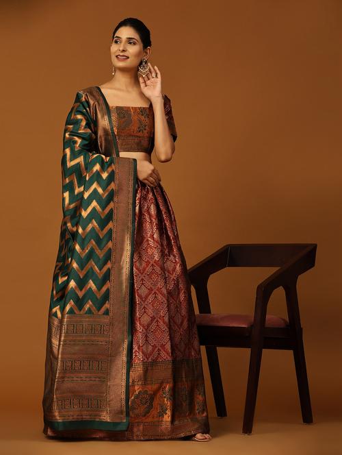 women maroon unstitched banarasi lehenga choli with dupatta - 20865425 - Very Small Image - 1