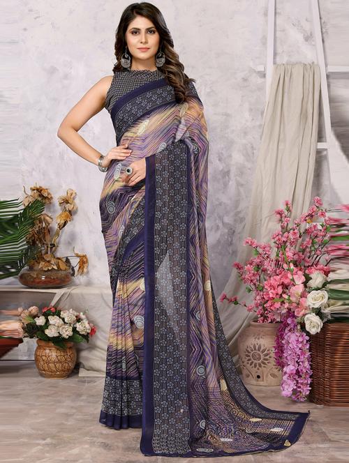 blue printed georgette saree with blouse - 20872870 - Very Small Image - 1