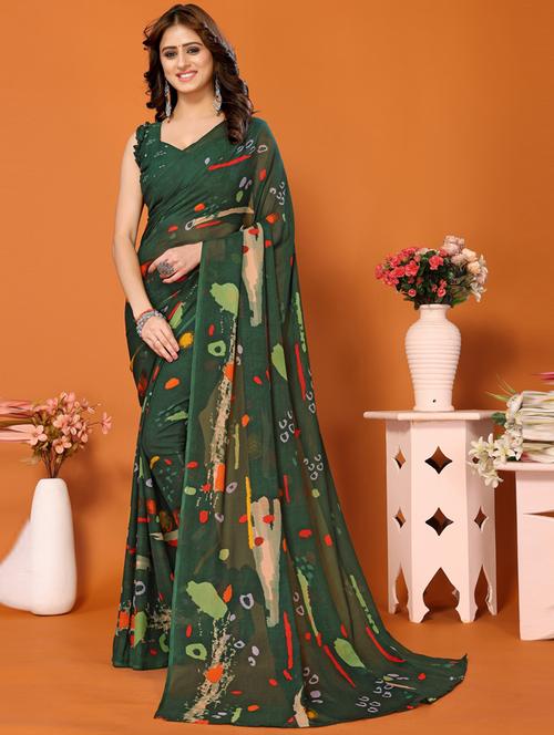 green printed georgette saree with blouse - 20872873 - Very Small Image - 1