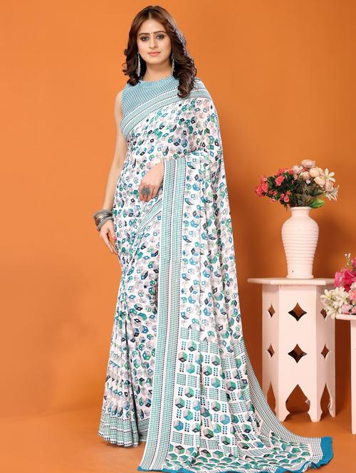 light blue printed saree with blouse - 20873102 - Very Small Image - 1