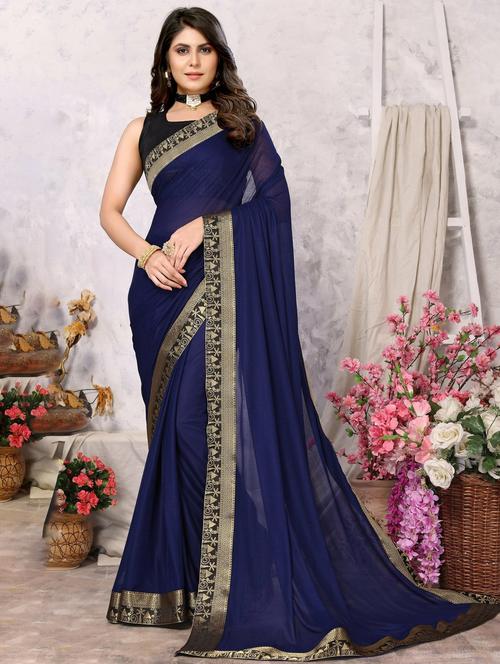 women navy blue solid lace work saree with blouse - 20873236 - Very Small Image - 1