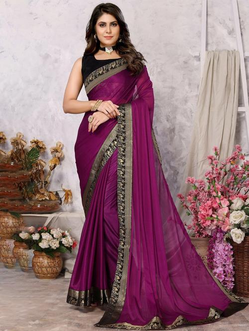 women purple solid lace work saree with blouse - 20873237 - Very Small Image - 1