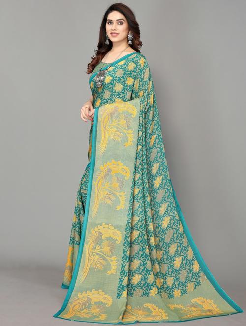 women turquoise floral printed saree with blouse - 20873308 - Very Small Image - 1