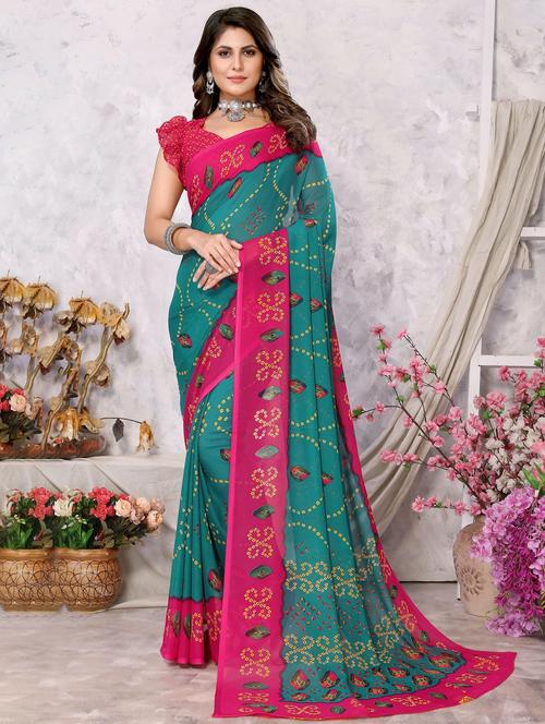 women teal bandhani printed saree with blouse - 20873345 - Very Small Image - 1