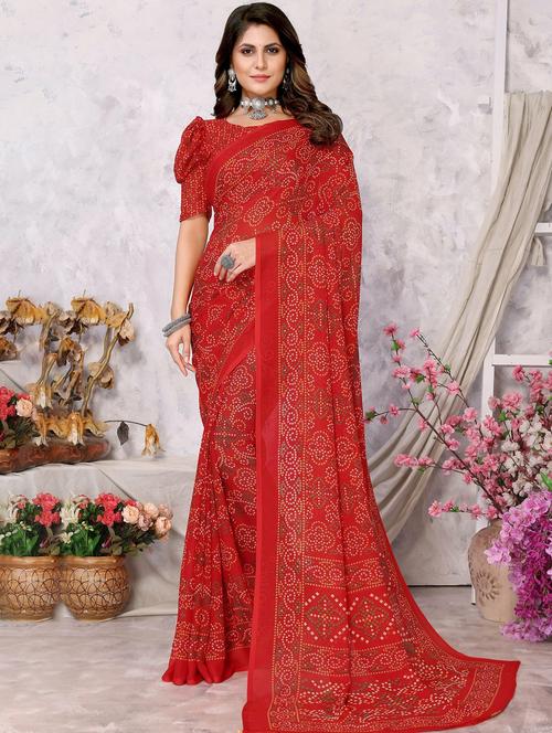 red bandhani saree with blouse - 20873356 - Very Small Image - 1