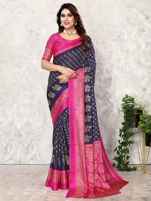 women blue printed bordered saree with blouse - 20873515 - Very Small Image - 1