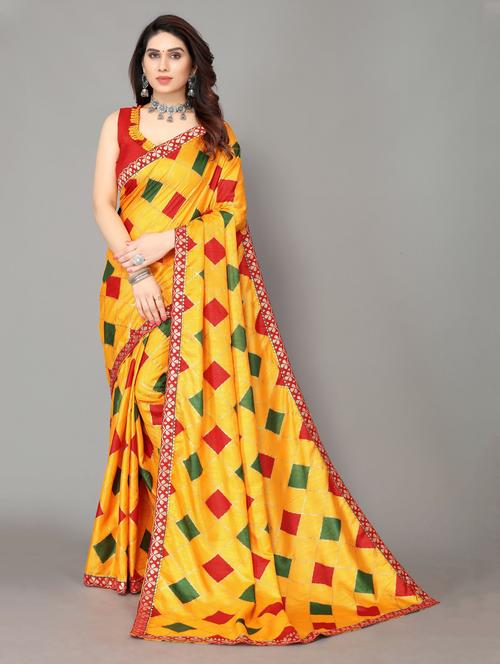 women yellow checks printed lace work saree with blouse - 20873560 - Very Small Image - 1