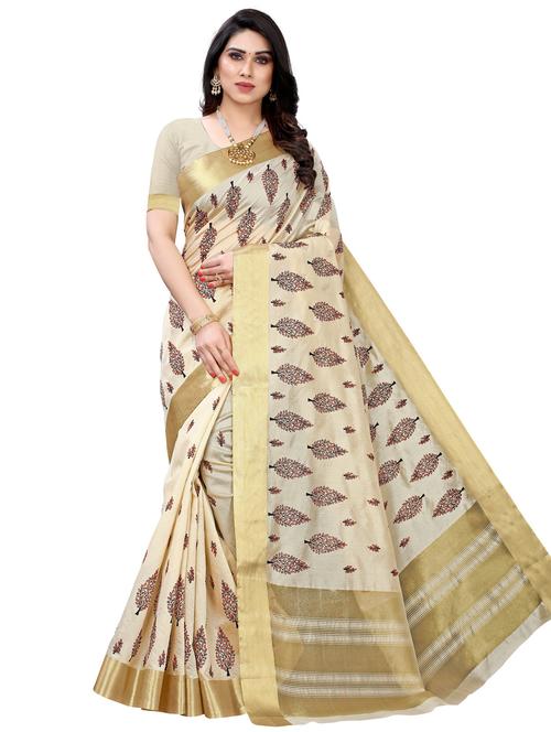women beige printed bordered saree with blouse - 20873587 - Very Small Image - 1