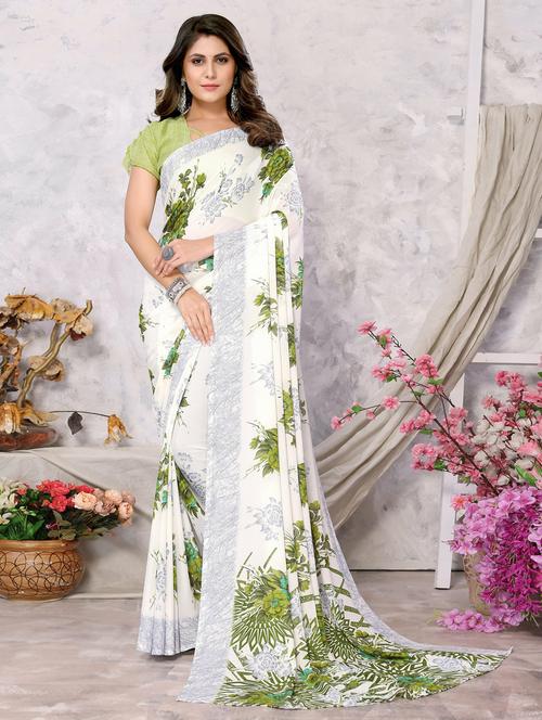 women white floral printed saree with blouse - 20873662 - Very Small Image - 1