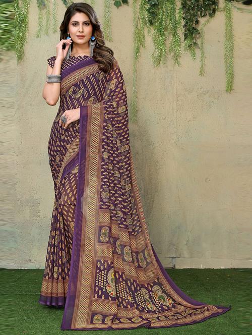 purple printed bordered saree with blouse - 20873687 - Very Small Image - 1
