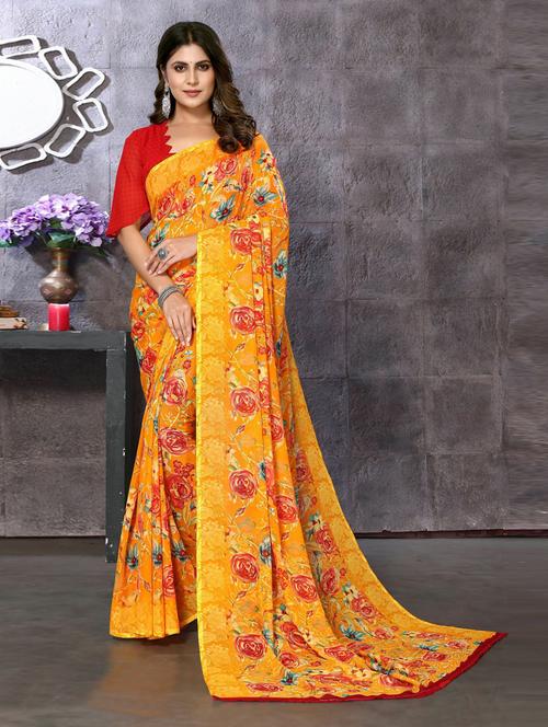 yellow floral printed saree with blouse - 20873695 - Very Small Image - 1