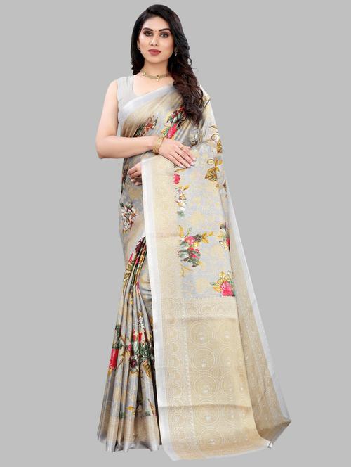 women grey floral printed bordered saree - 20875177 - Very Small Image - 1
