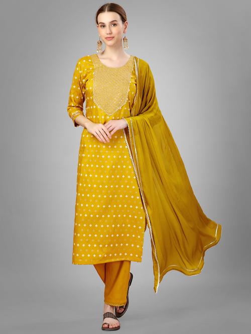 women gold round neck kurta pant set with dupatta - 20878482 - Very Small Image - 1
