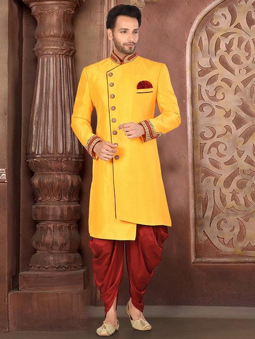 yellow & red pure silk sherwani ethnic wear set - 20881297 - Very Small Image - 1