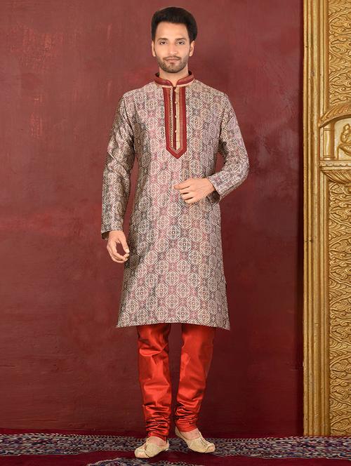 fawn silk blend kurta pyjama ethnic wear set - 20881306 - Very Small Image - 1