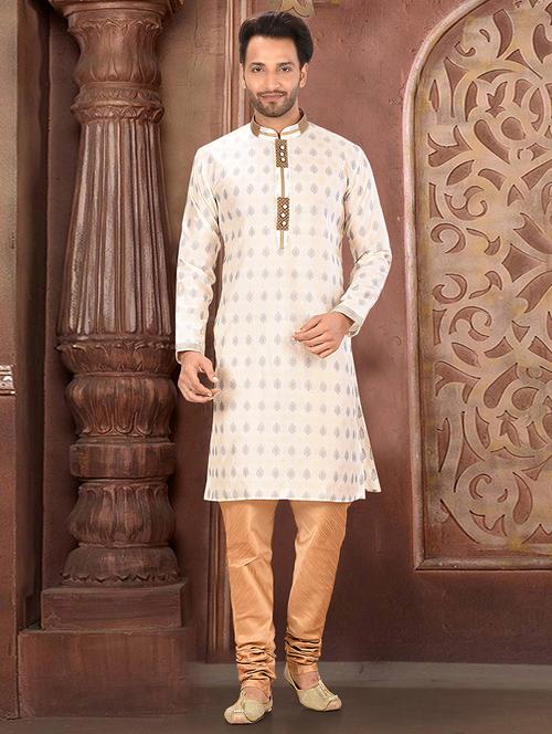 off white cotton blend kurta pyjama ethnic wear set - 20881324 - Very Small Image - 1