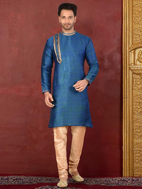 blue pure silk kurta pyjama ethnic wear set - 20881330 - Very Small Image - 1