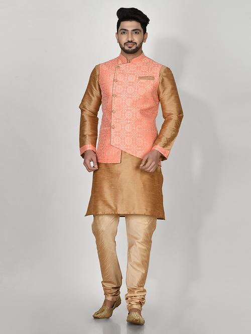 brown & pink silk blend kurta pyjama with jacket ethnic wear set - 20881341 - Very Small Image - 1