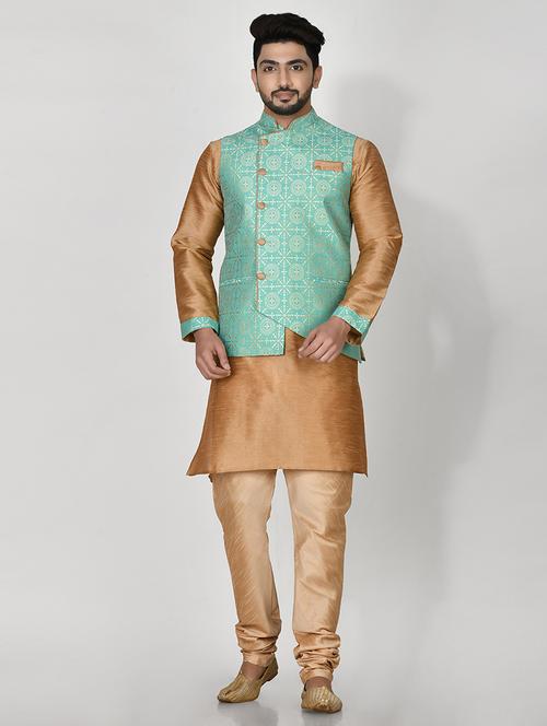 firoza & brown silk blend kurta pyjama with jacket ethnic wear set - 20881342 - Very Small Image - 1