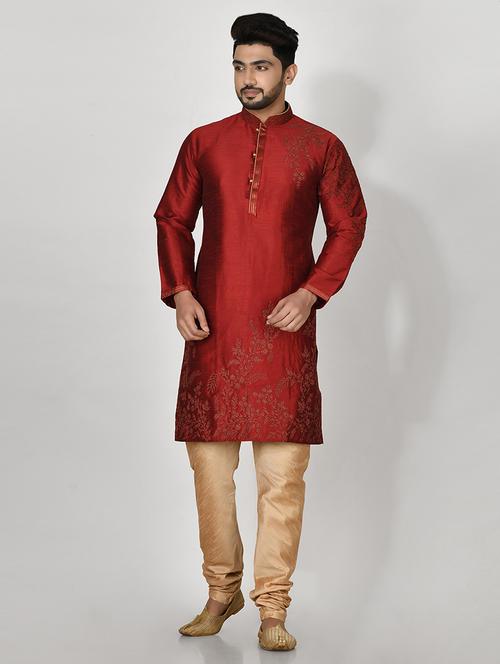 maroon silk blend kurta pyjama ethnic wear set - 20881343 - Very Small Image - 1