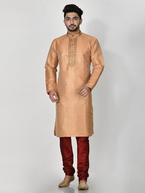 peach silk blend kurta pyjama ethnic wear set - 20881354 - Very Small Image - 1