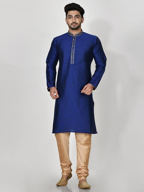 royal blue silk blend kurta pyjama ethnic wear set - 20881371 - Very Small Image - 1