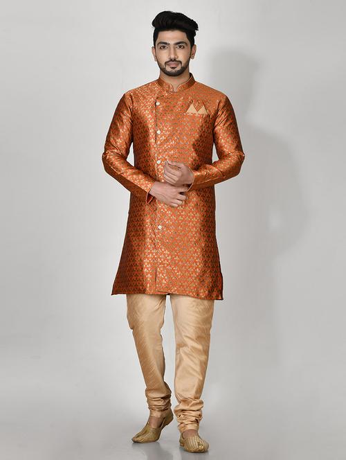 orange silk blend kurta pyjama ethnic wear set - 20881407 - Very Small Image - 1