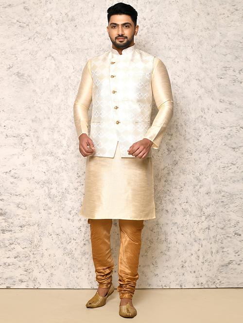 cream silk blend kurta pyjama with jacket ethnic wear set - 20881441 - Very Small Image - 1