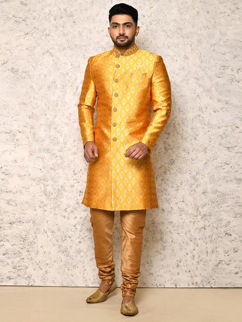 yellow silk blend sherwani ethnic wear set - 20881445 - Very Small Image - 1