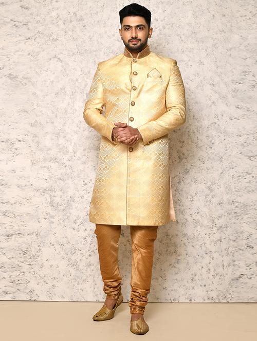 gold silk blend sherwani ethnic wear set - 20881452 - Very Small Image - 1