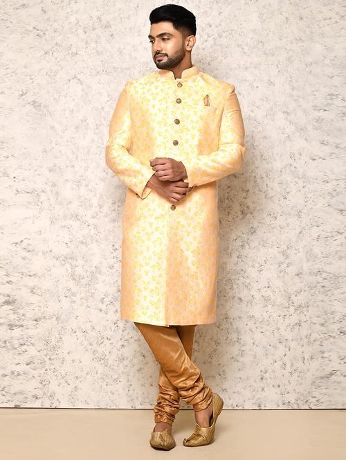 yellow cotton blend sherwani ethnic wear set - 20881453 - Very Small Image - 1